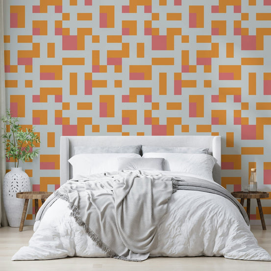 Modern Blocks wallpaper featuring orange and coral rectangles on grey GD4986
