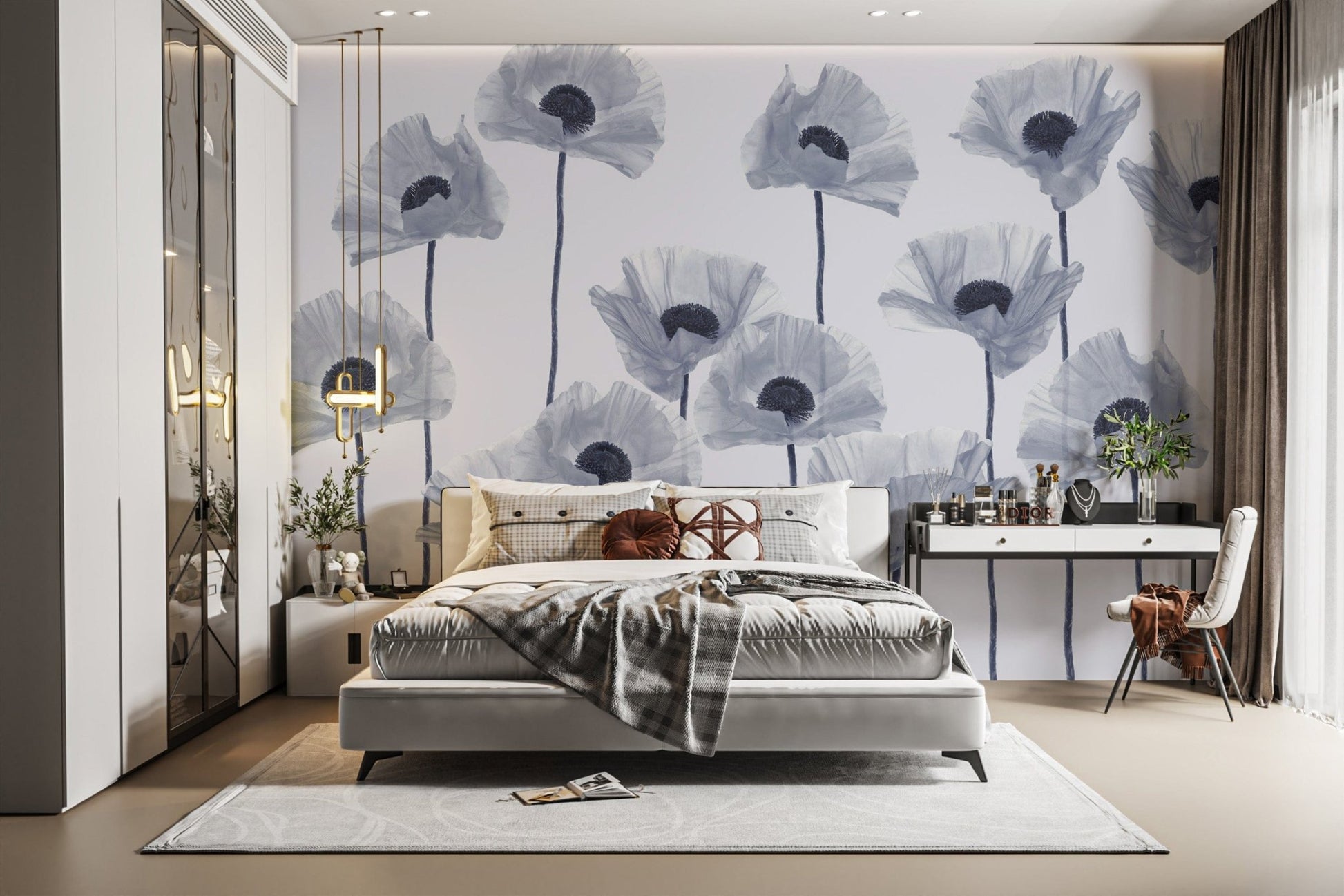 Blue poppies wall design for modern rooms
