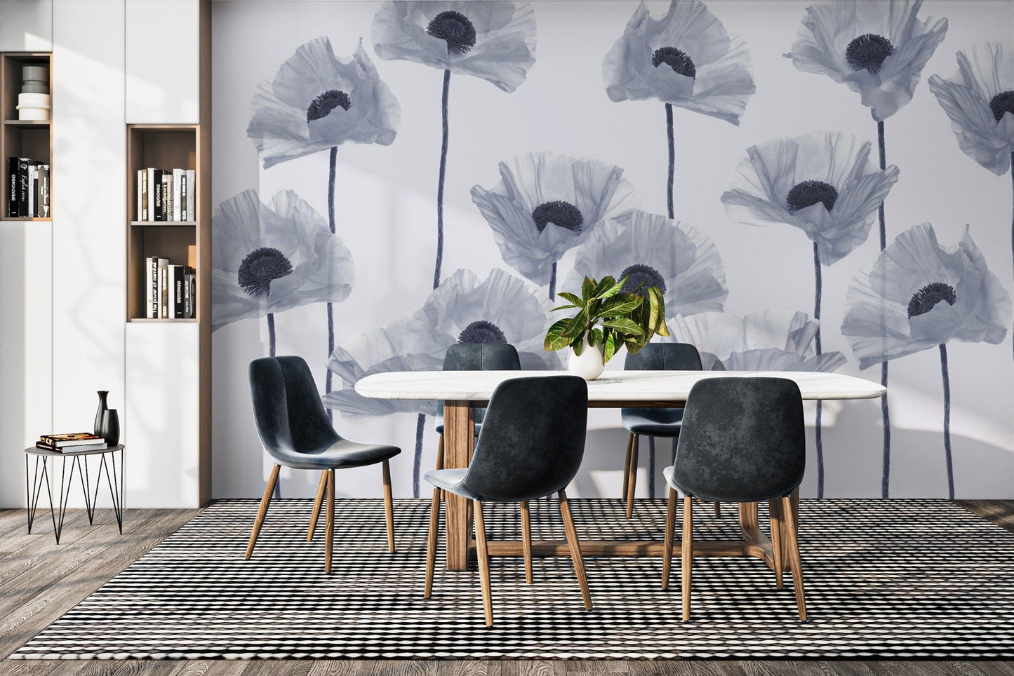 Contemporary blue poppy floral wallpaper
