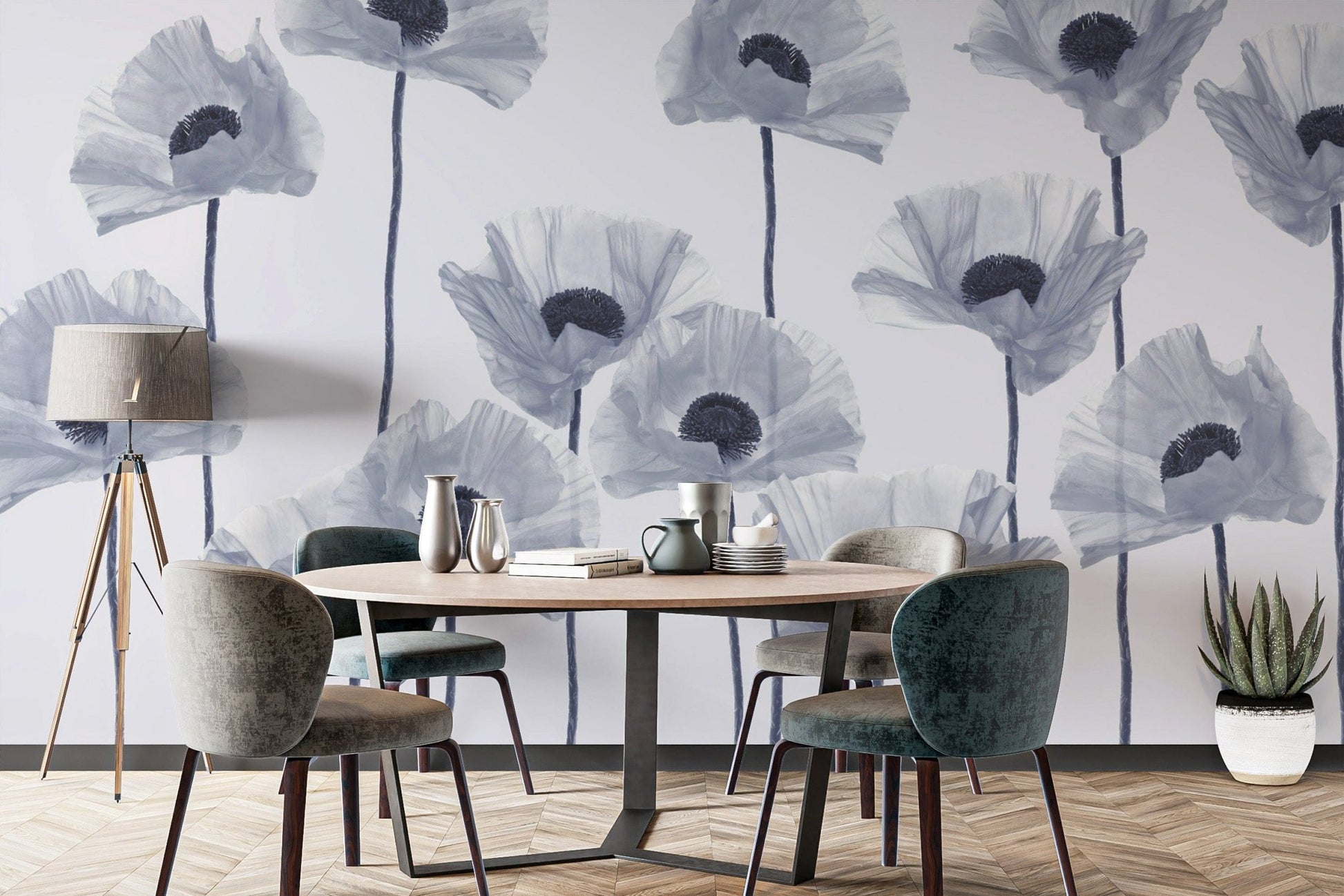 Blue floral poppy wallpaper for interiors
