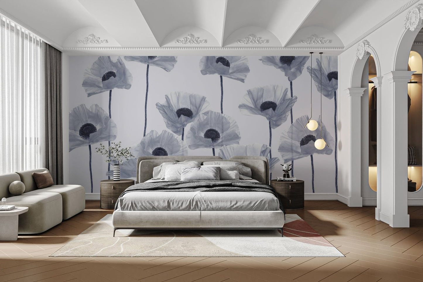 Modern floral blue poppy wallpaper print
