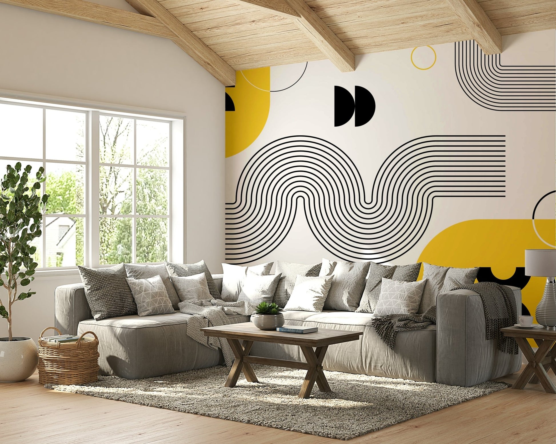 Living room with modern retro wall mural

