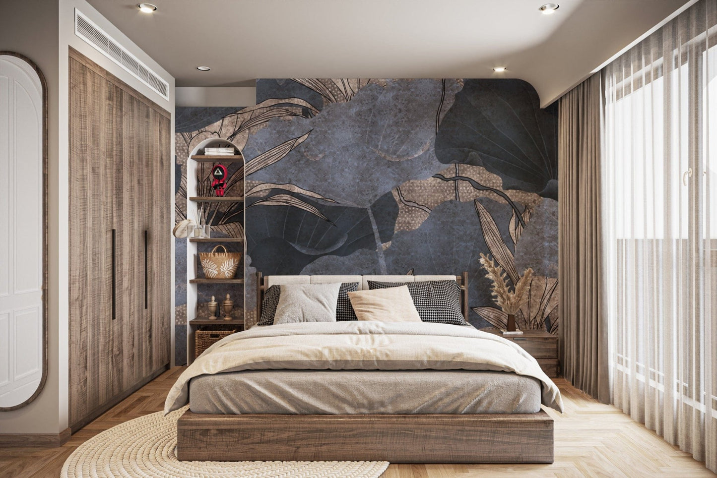 Elegant grey leaf wallpaper design
