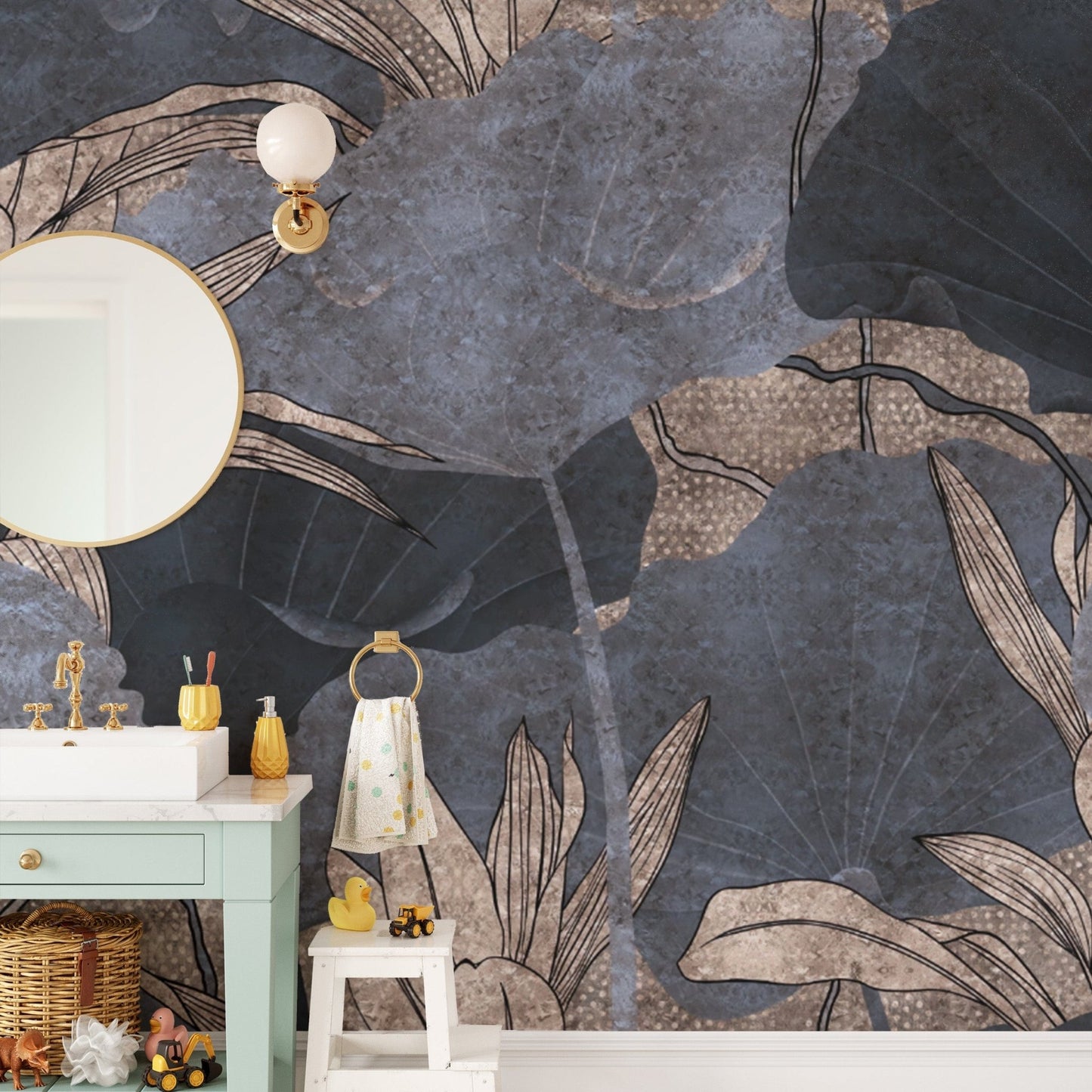 Botanical wallpaper with grey leaves
