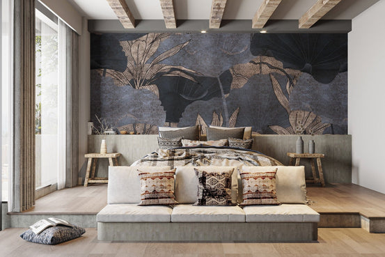 Modern botanical grey leaf wall mural
 D274