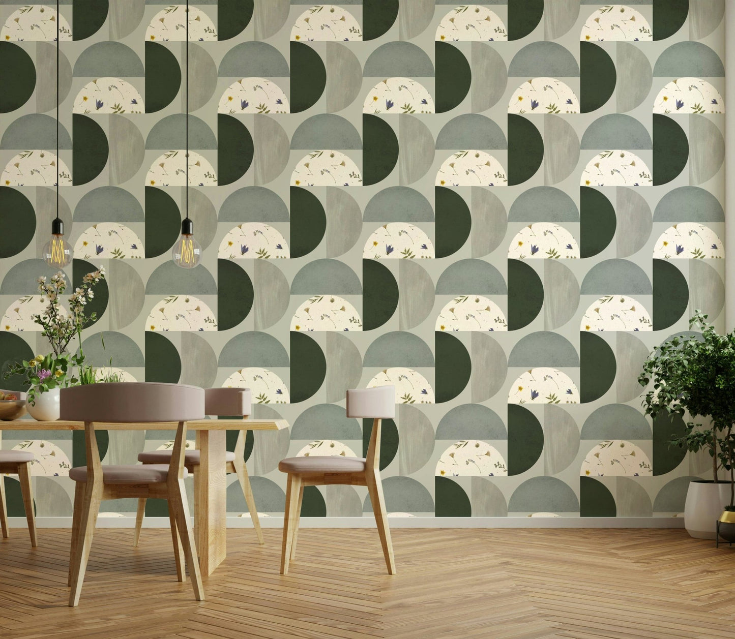 Sage green and beige curved mural

