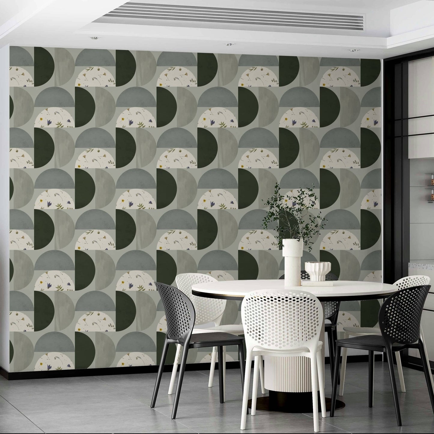 Green and taupe curved shape mural

