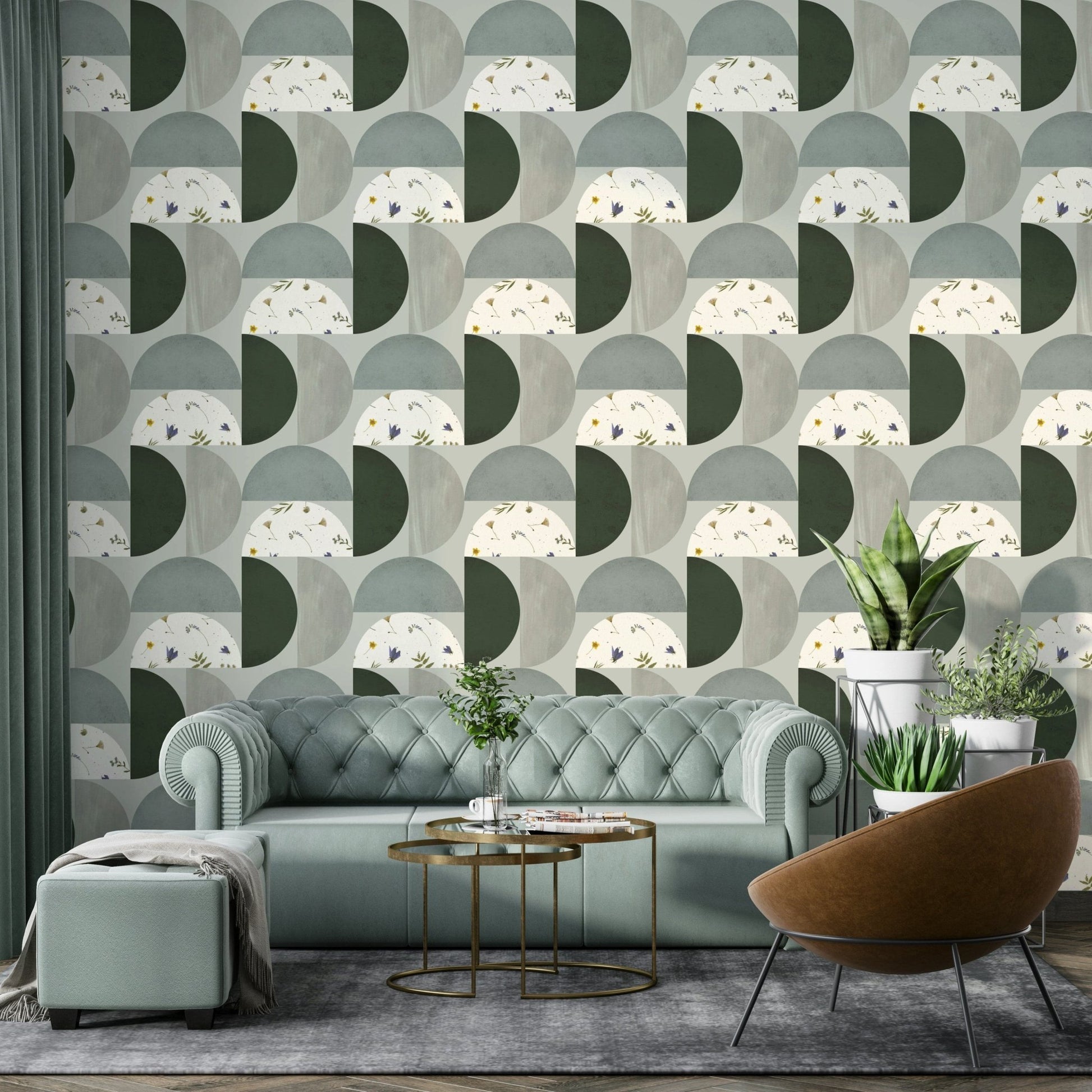 Botanical and grey geometric wallpaper

