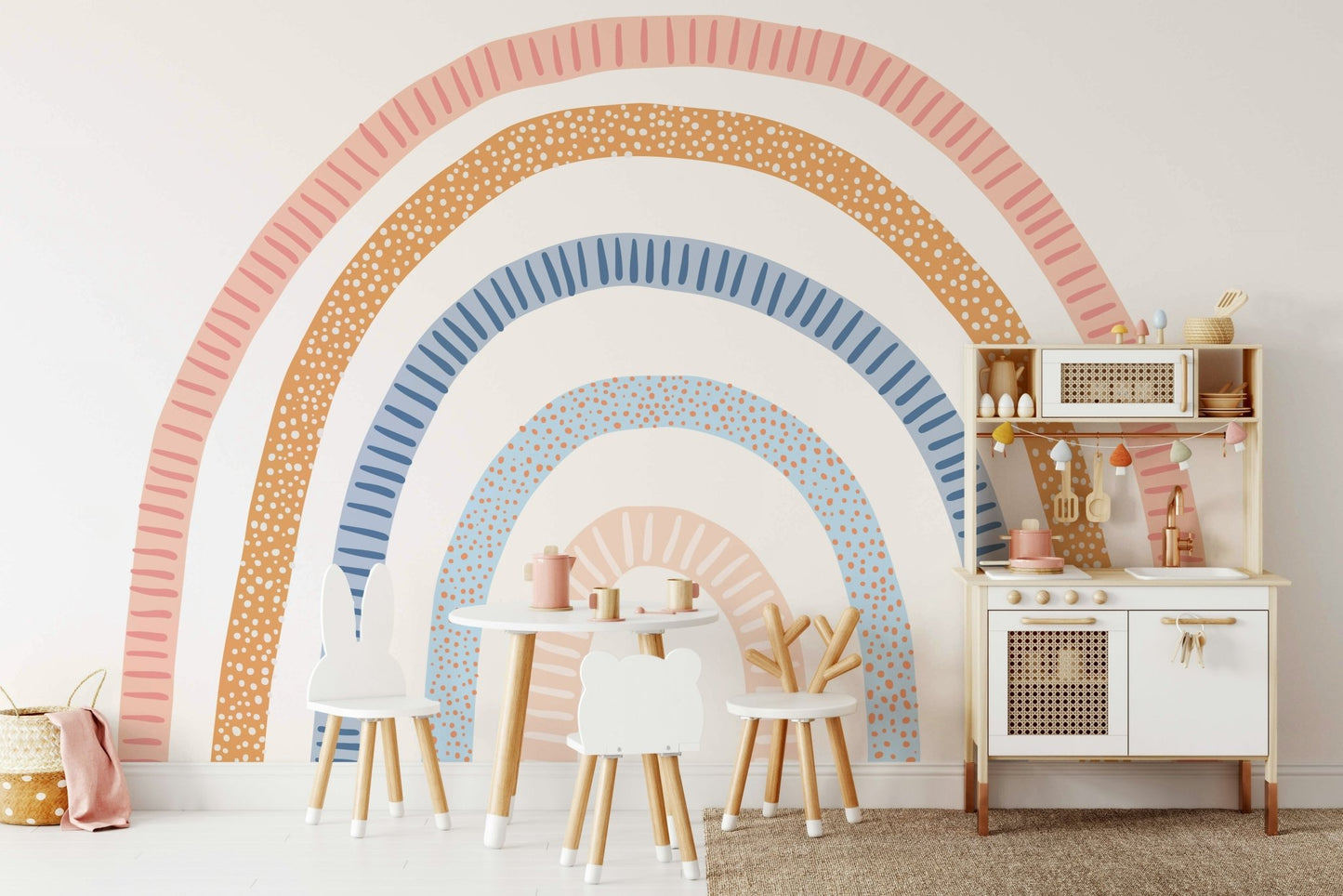 Bright modern rainbow wall mural in living room

