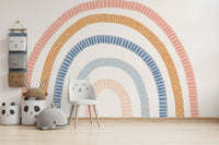Abstract rainbow mural with vivid color bands

