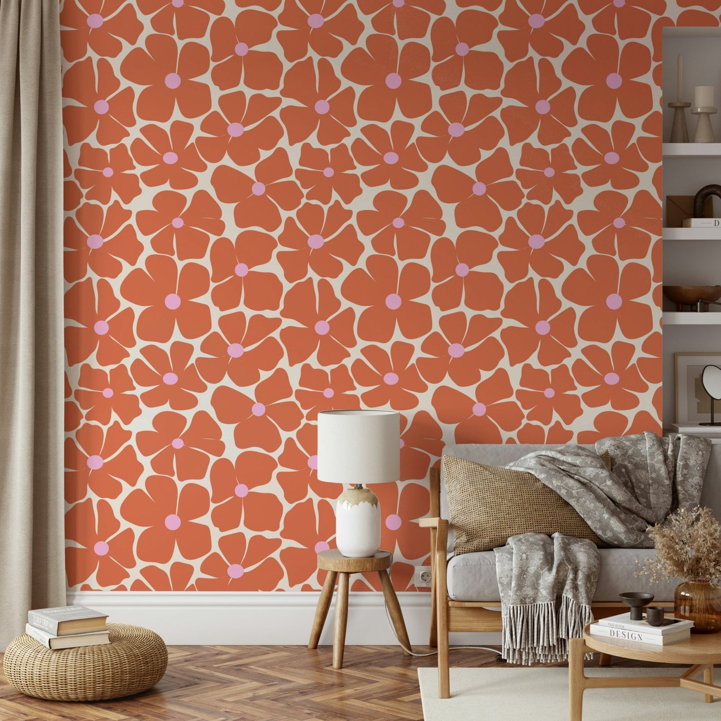 Chic coral floral print wall design for home decor.

