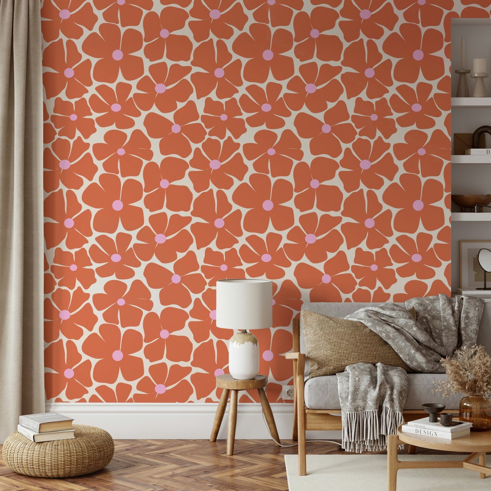 Chic coral floral print wall design for home decor.

