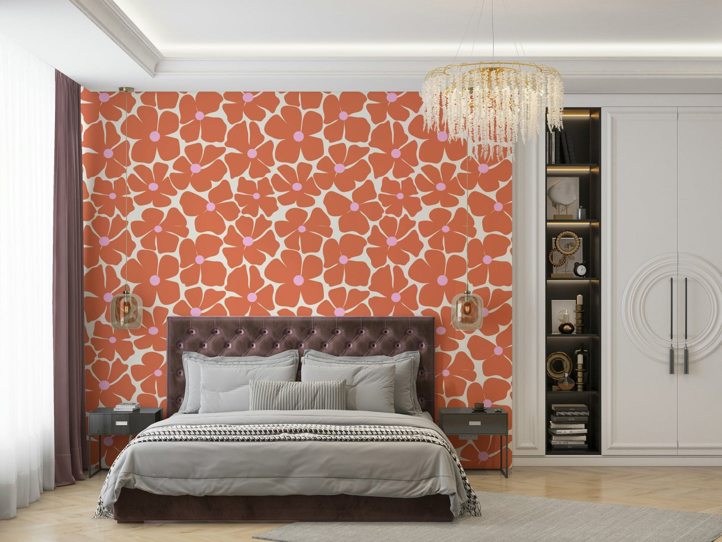 Elegant floral pattern in coral tones for walls.

