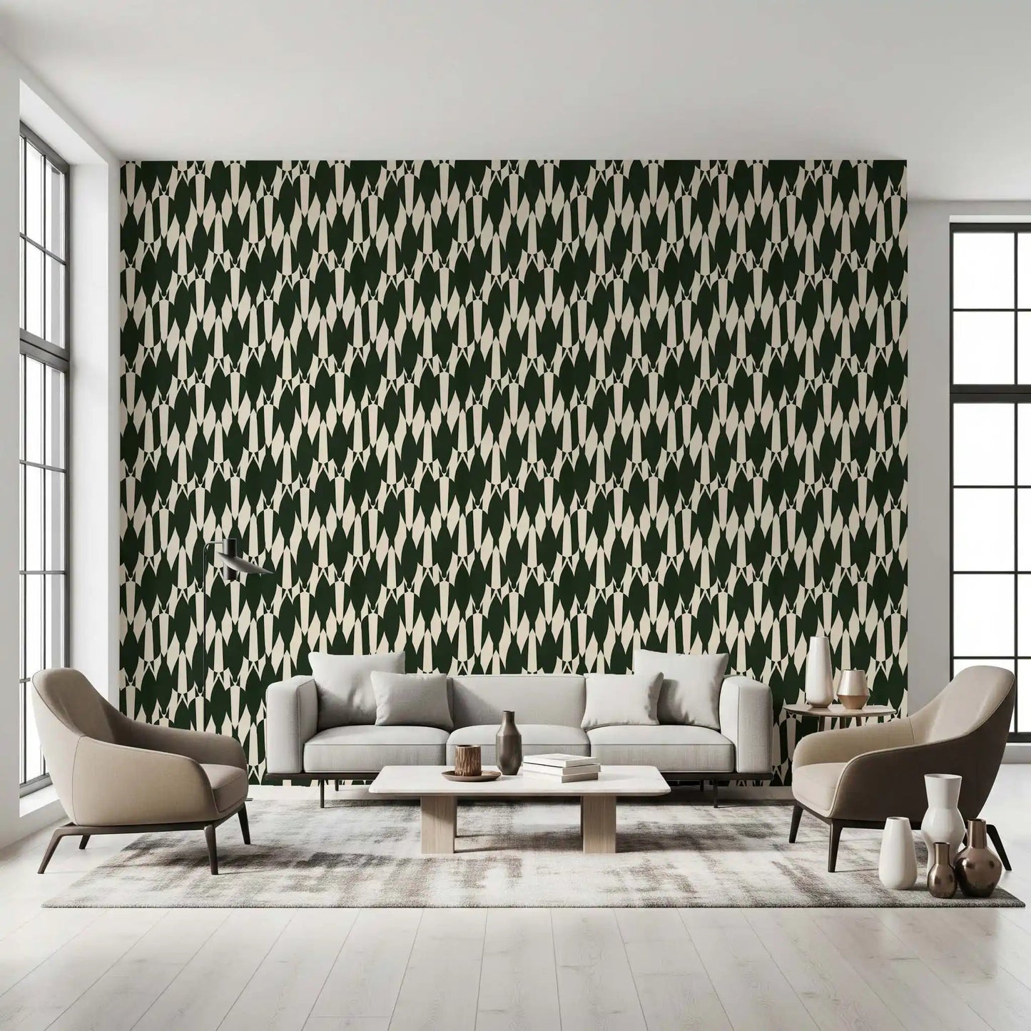 Ivory crests stack vertically in a tight repeat across this Modern Crest wallpaper.⁠GD9527