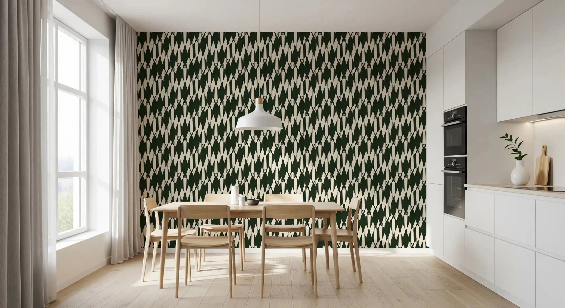 Kitchen-dining hold a clean mid-century edge with Modern Crest pattern wallpaper.
⁠GD9527