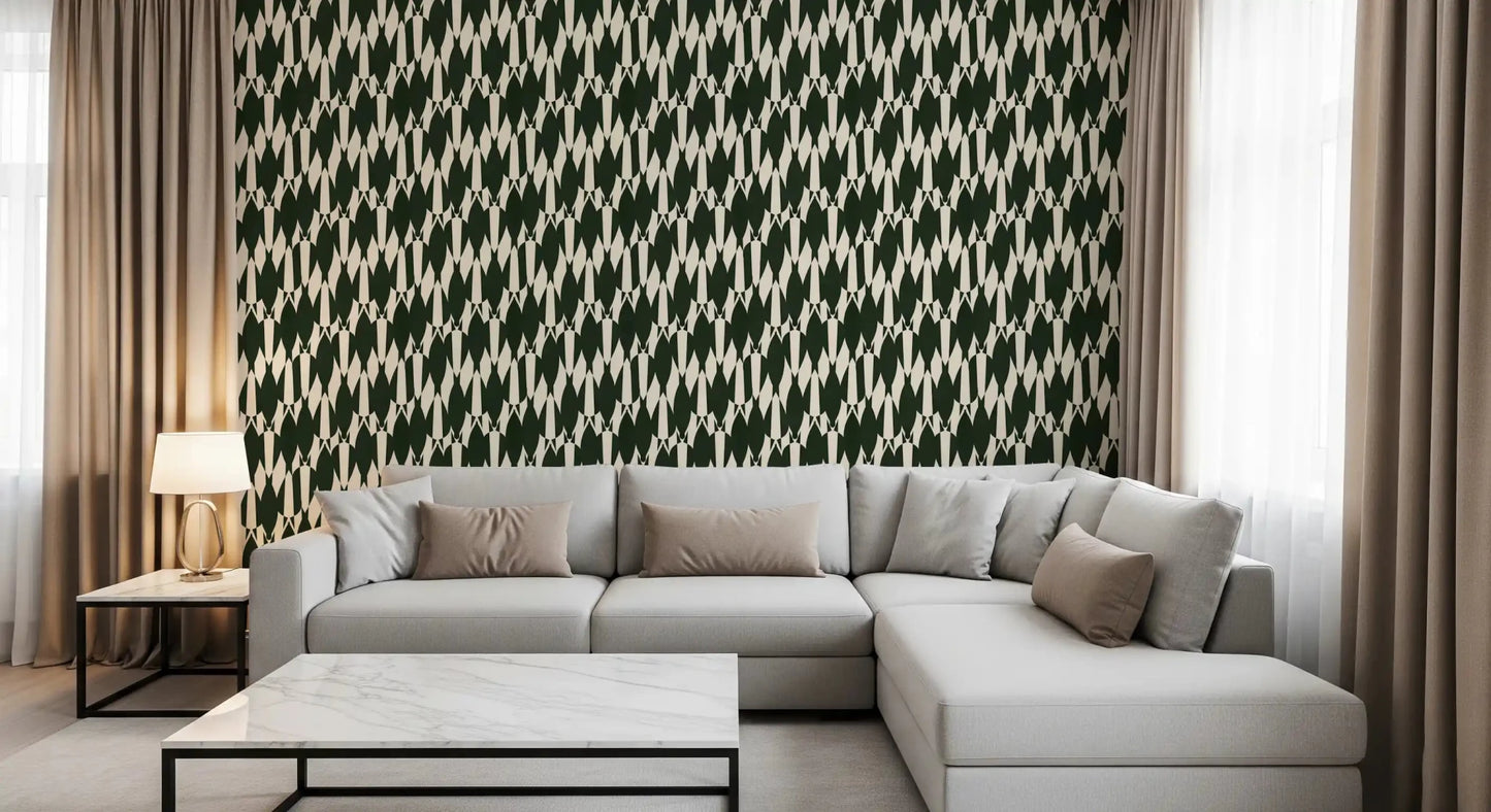 Deep forest green sits behind sharp cream forms in this Modern Crest pattern wallpaper.GD9527