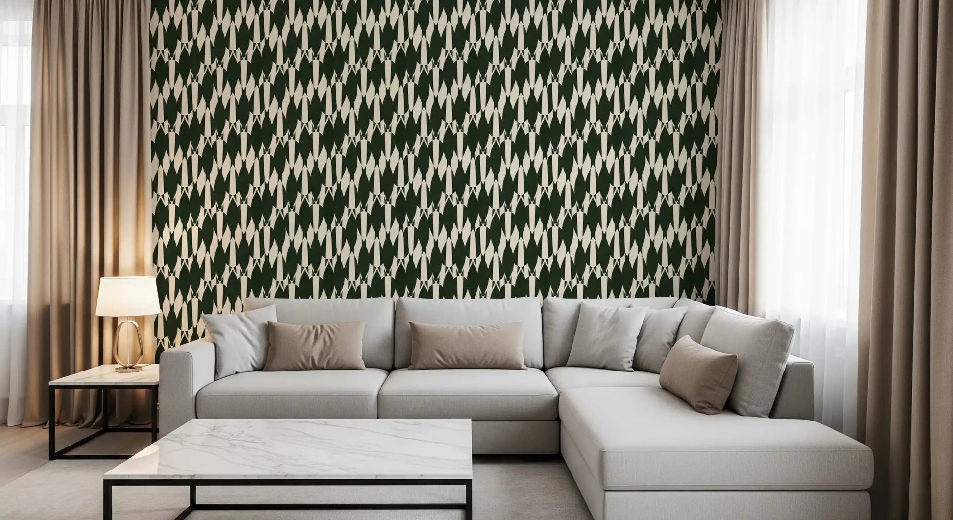 Deep forest green sits behind sharp cream forms in this Modern Crest pattern wallpaper.GD9527