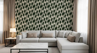 Deep forest green sits behind sharp cream forms in this Modern Crest pattern wallpaper.GD9527