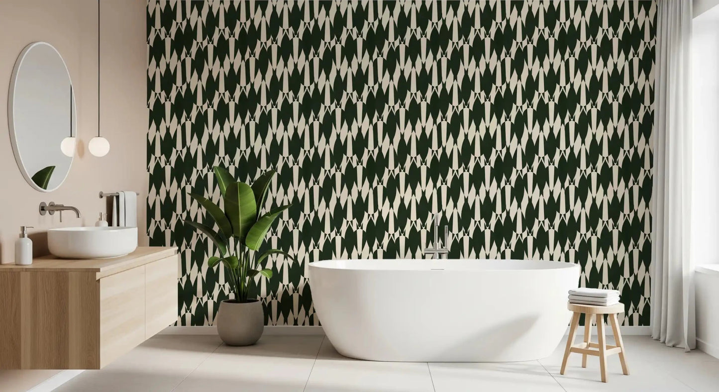 Bathroom space turns graphic with the Modern Crest pattern wallpaper across one wall.GD9527
