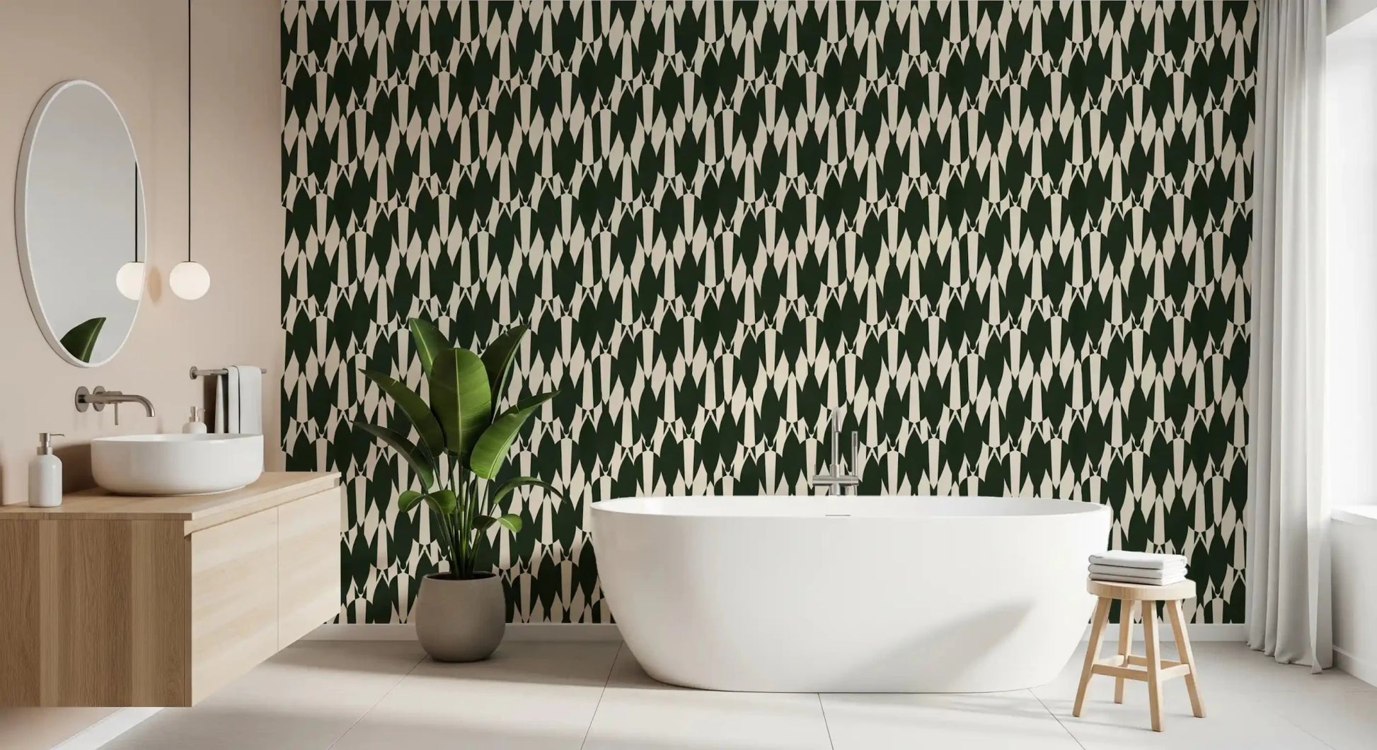 Bathroom space turns graphic with the Modern Crest pattern wallpaper across one wall.GD9527