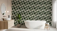 Bathroom space turns graphic with the Modern Crest pattern wallpaper across one wall.GD9527