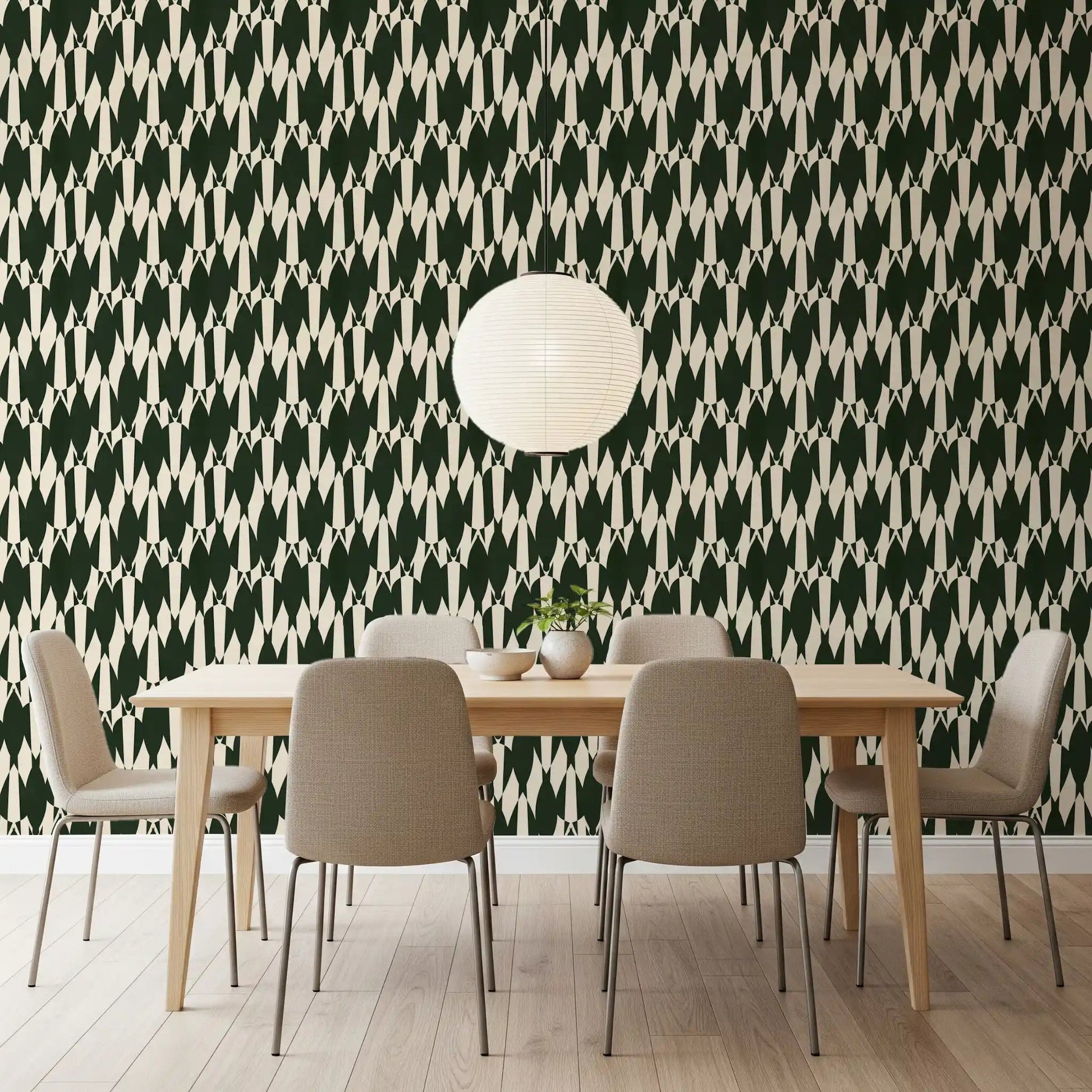 A two-tone palette carries this Modern Crest cream and green wallpaper edge to edge.GD9527