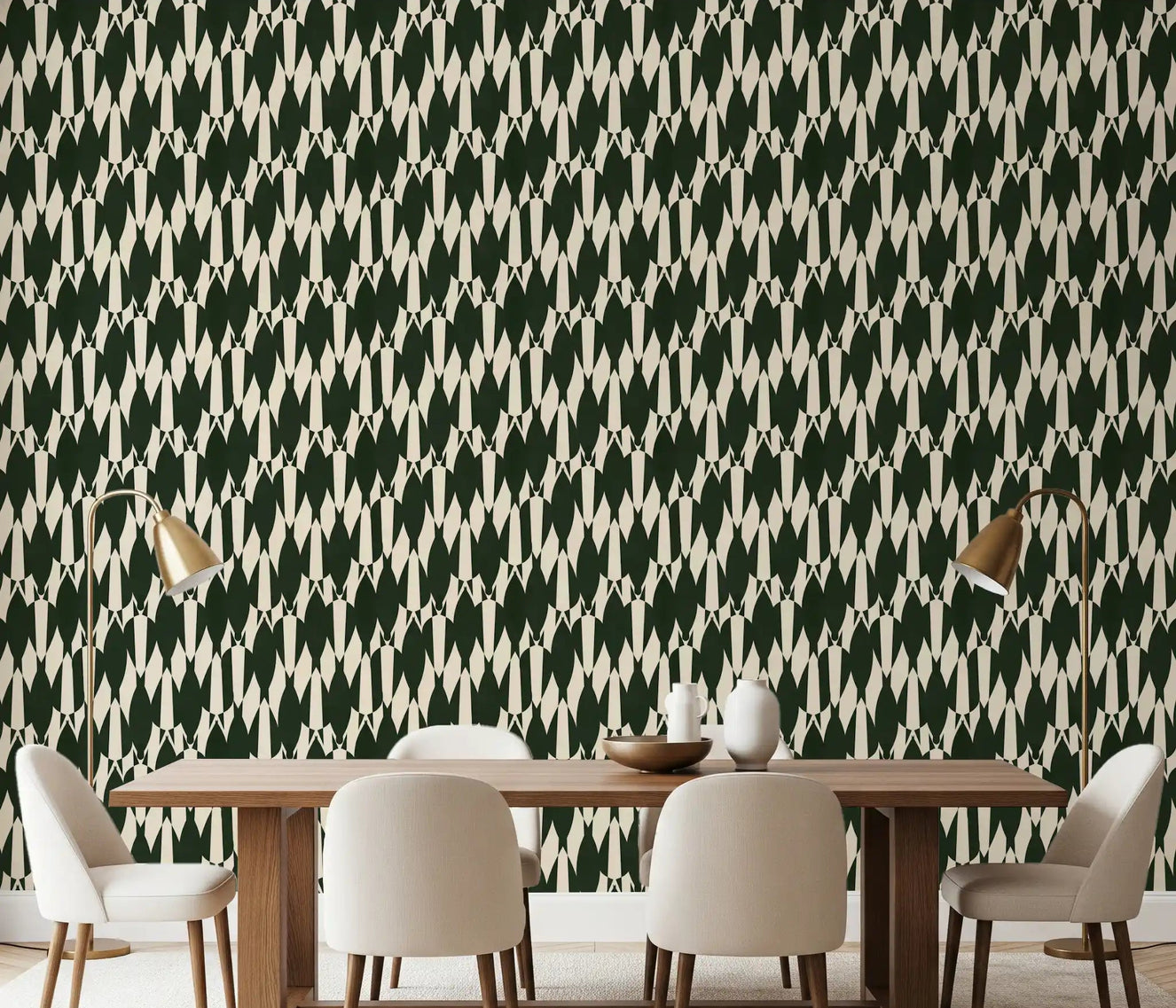 Modern Crest pattern wallpaper anchors the dining room with green and cream rhythm.GD9527