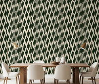 Modern Crest pattern wallpaper anchors the dining room with green and cream rhythm.GD9527