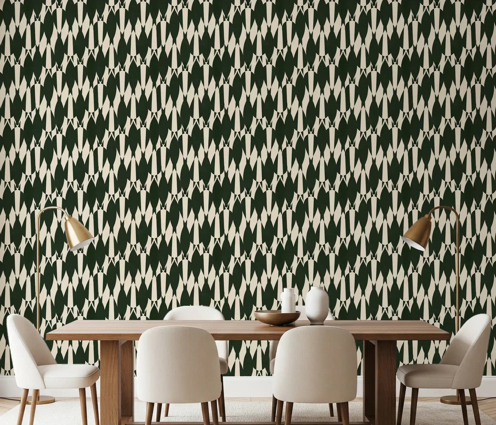 Modern Crest pattern wallpaper anchors the dining room with green and cream rhythm.GD9527
