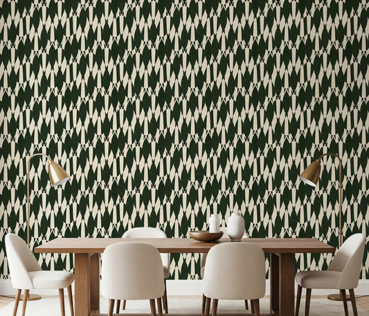 Modern Crest pattern wallpaper anchors the dining room with green and cream rhythm.GD9527