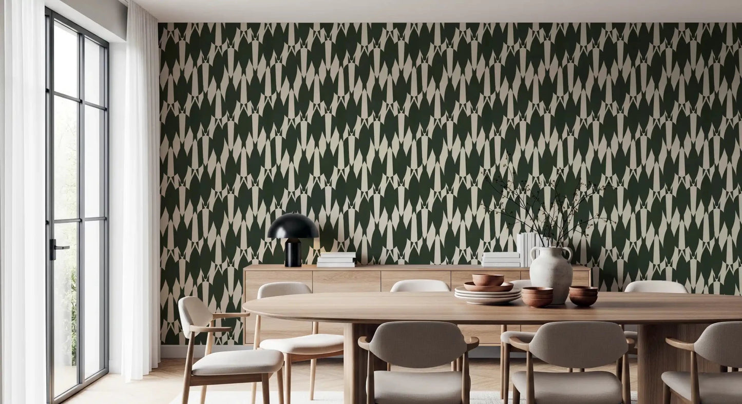 Pointed arrows and curved tips lock together across this Modern Crest green wallpaper.⁠GD9527