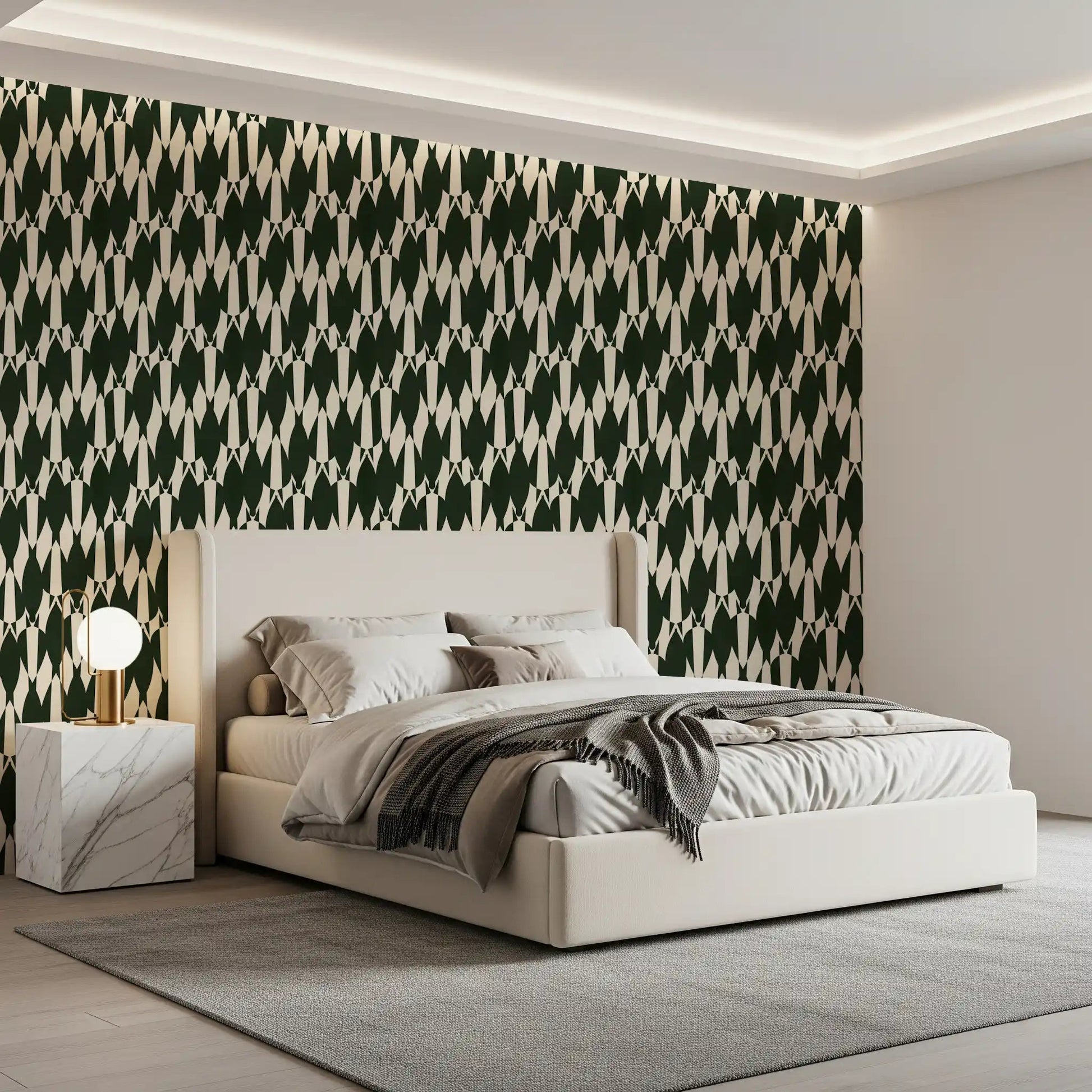 Bedroom takes on stronger contrast with the Modern Crest green wallpaper in view.⁠GD9527