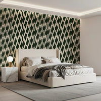 Bedroom takes on stronger contrast with the Modern Crest green wallpaper in view.⁠GD9527
