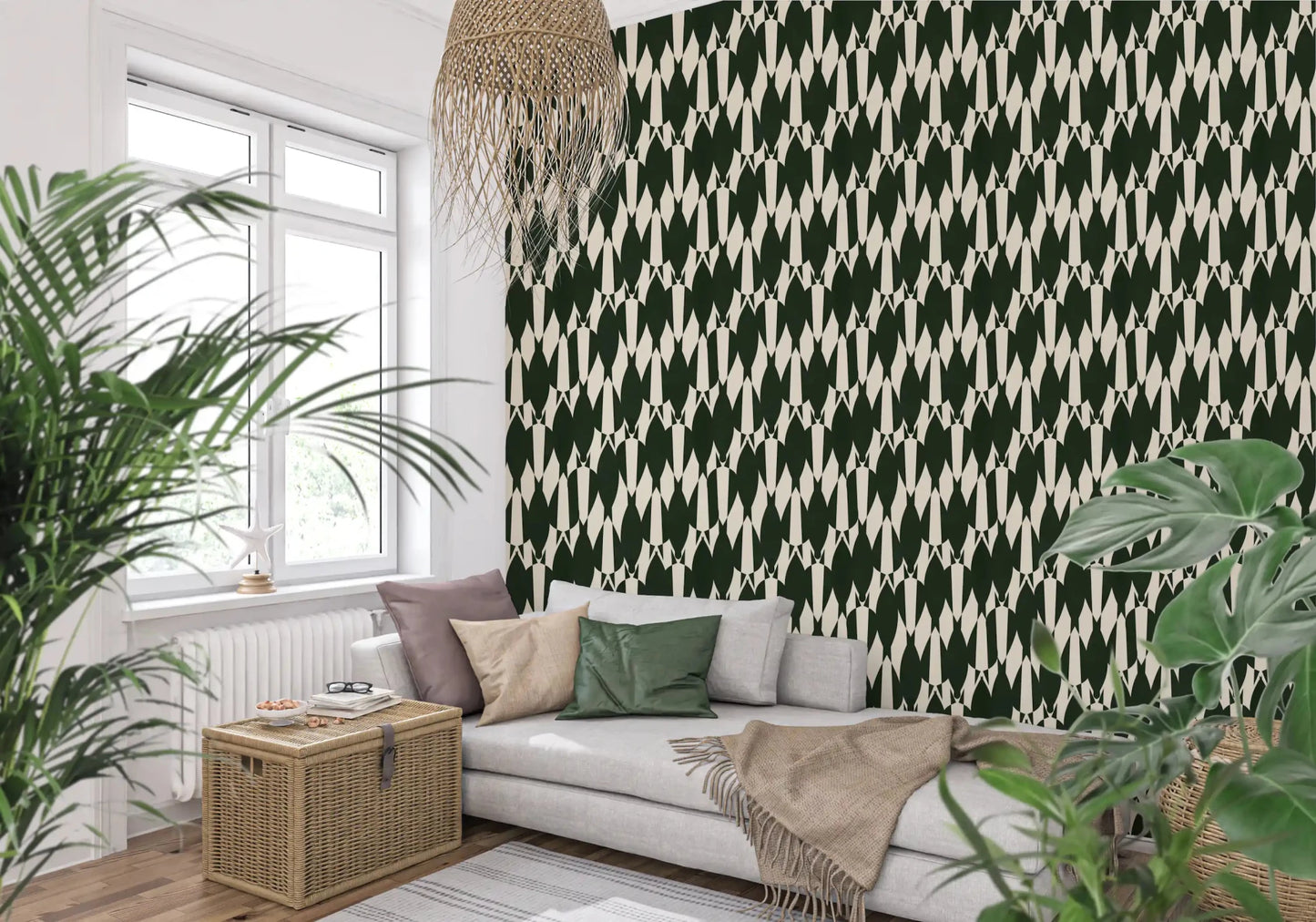 living room  feel sharper through this Modern Crest green cream wallpaper repeat.⁠GD9527