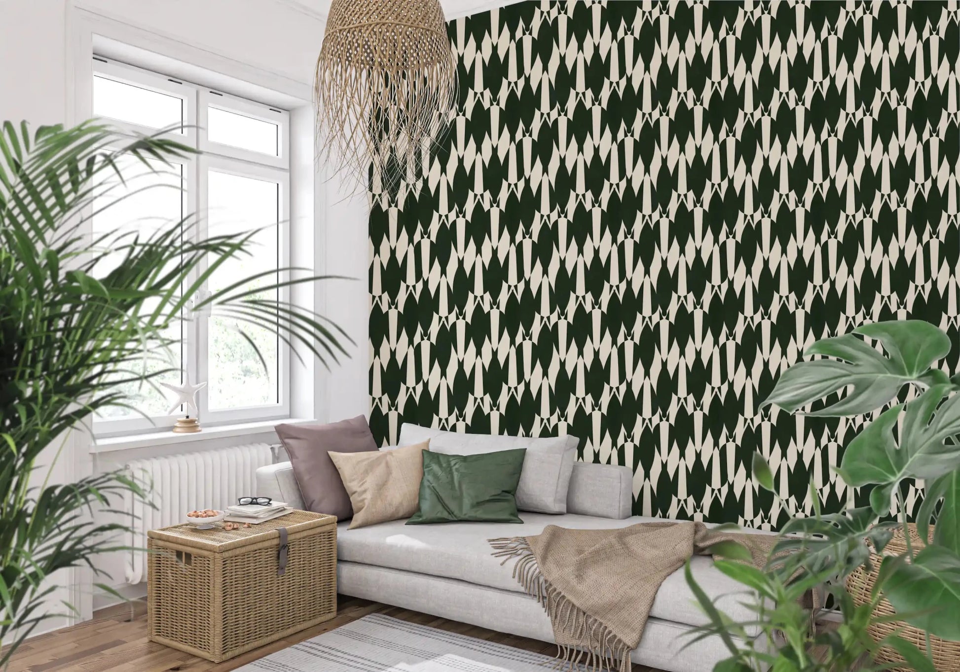 living room  feel sharper through this Modern Crest green cream wallpaper repeat.⁠GD9527