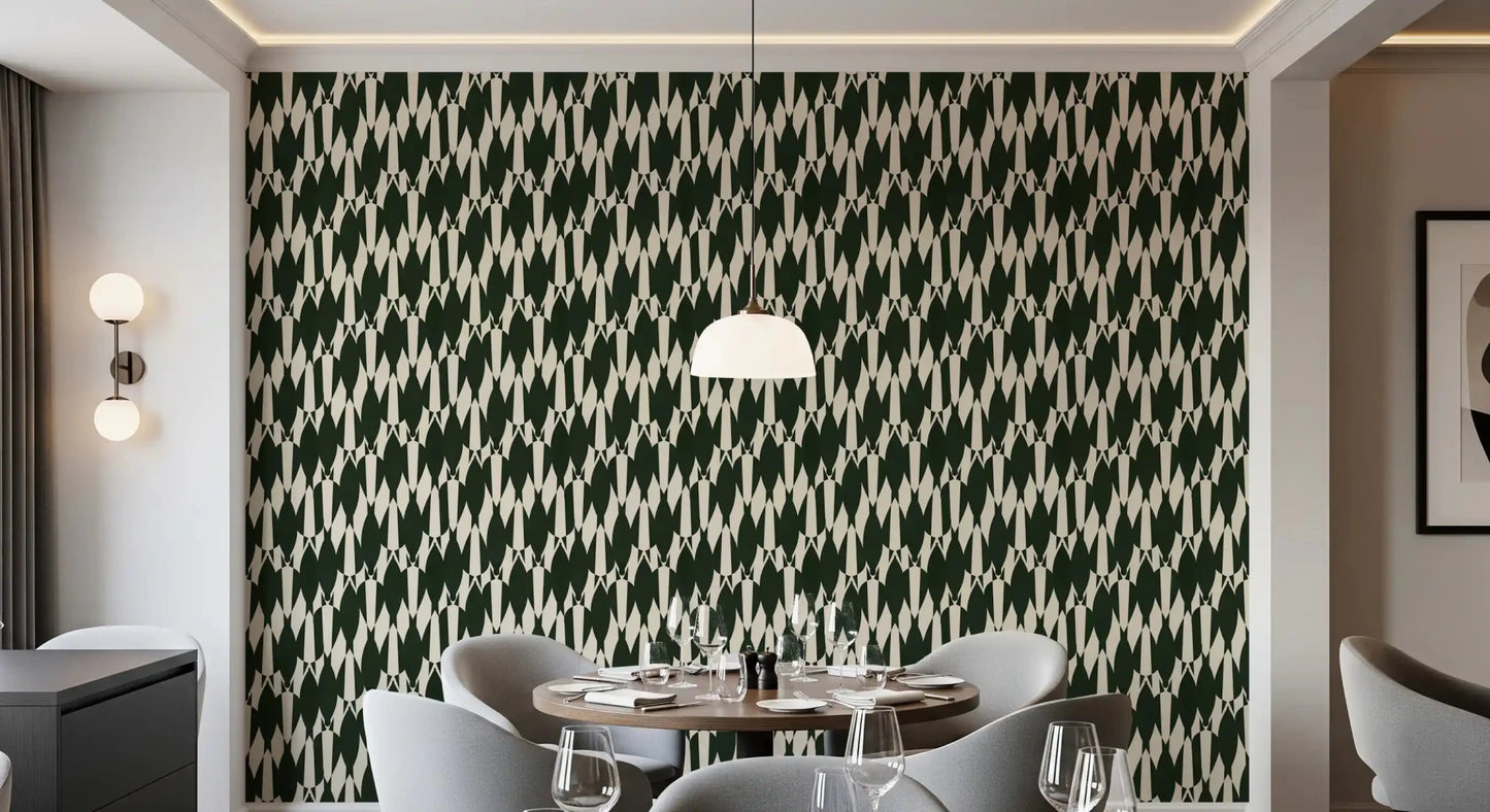 Dining room reads bolder behind this Modern Crest green cream wallpaper backdrop.⁠GD9527