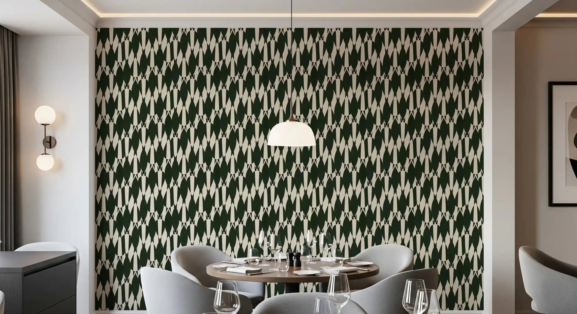 Dining room reads bolder behind this Modern Crest green cream wallpaper backdrop.⁠GD9527