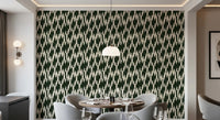 Dining room reads bolder behind this Modern Crest green cream wallpaper backdrop.⁠GD9527