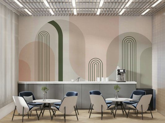 A wall mural with a fluid, abstract pattern.

