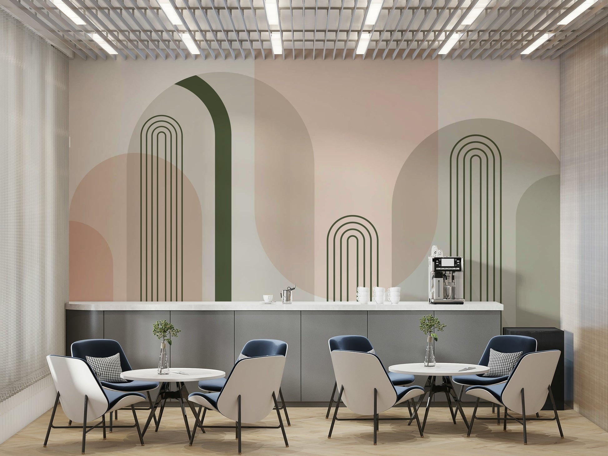 A wall mural with a fluid, abstract pattern.

