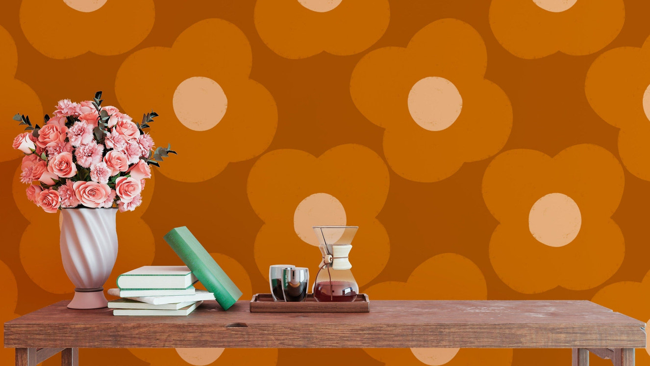 Modern daisy mural design with vibrant rust hues
