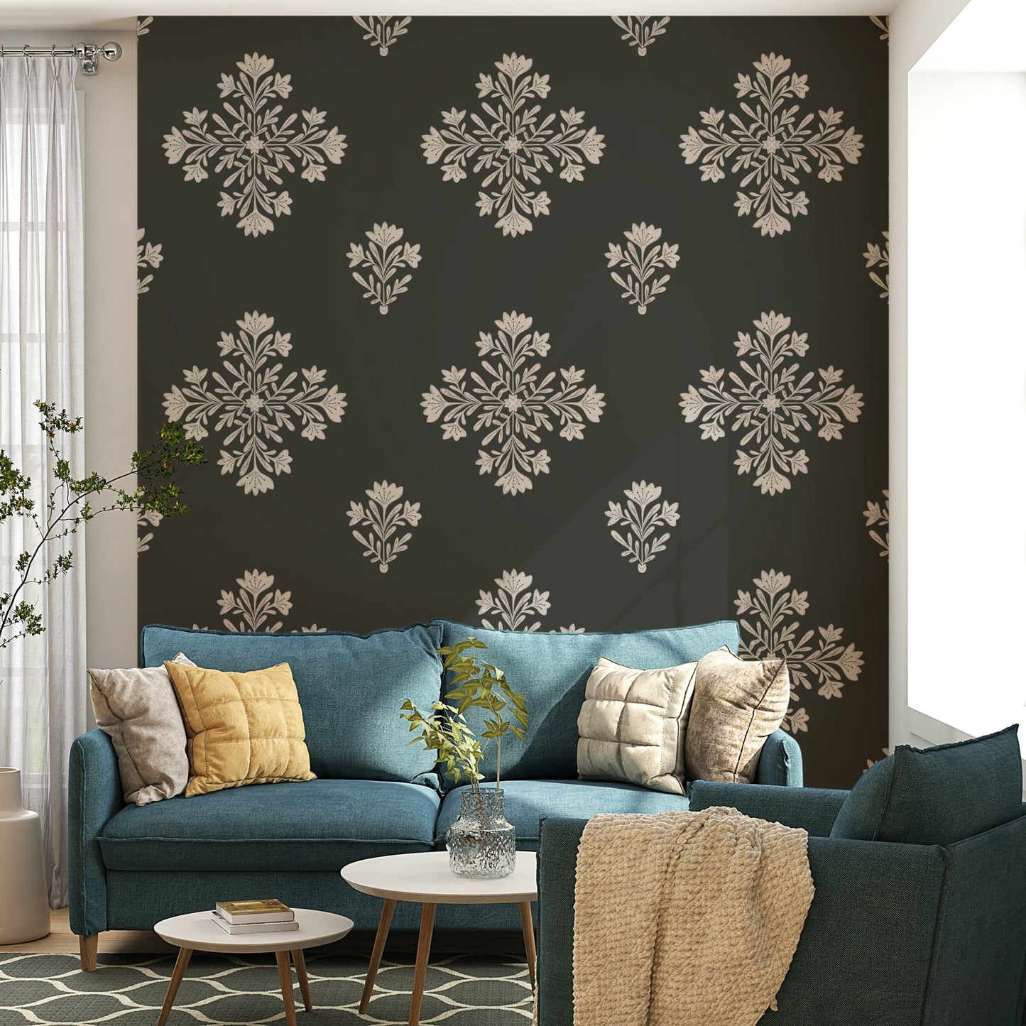 Bedroom decorated with folk floral wallpaper

