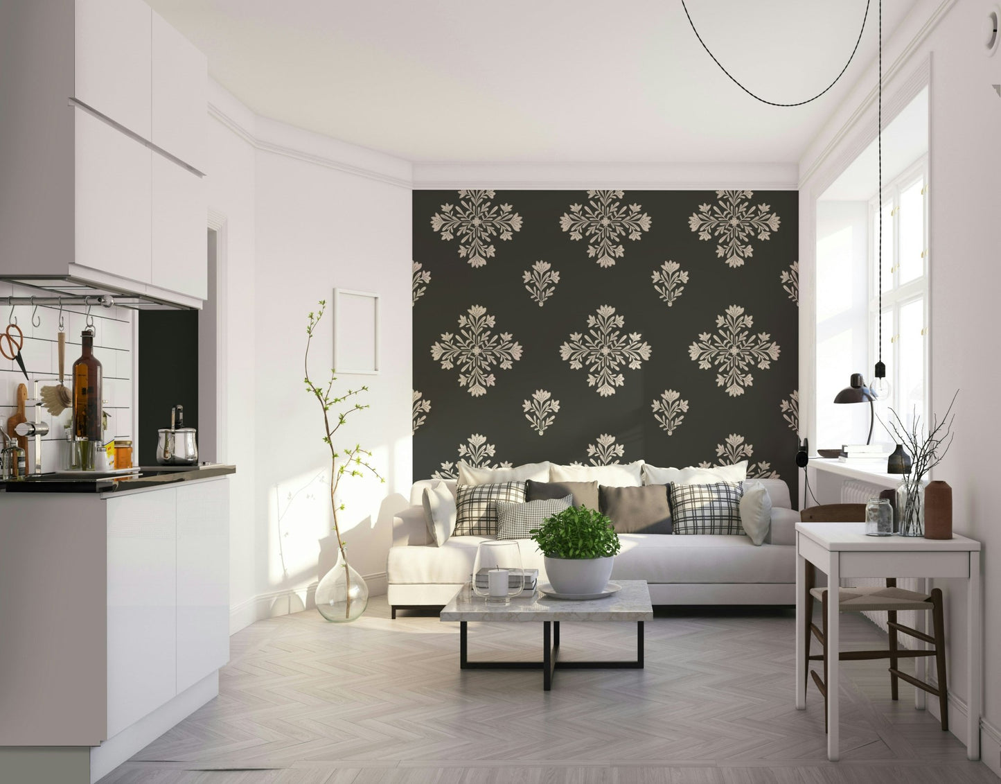 Wallcovering featuring modern folk floral motifs

