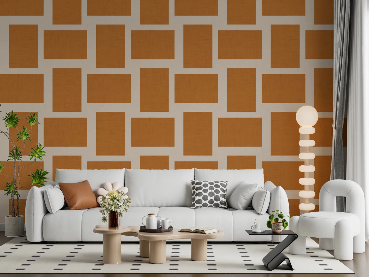 Warm Geometric Wallpaper in terracotta cream with an open modern arrangement