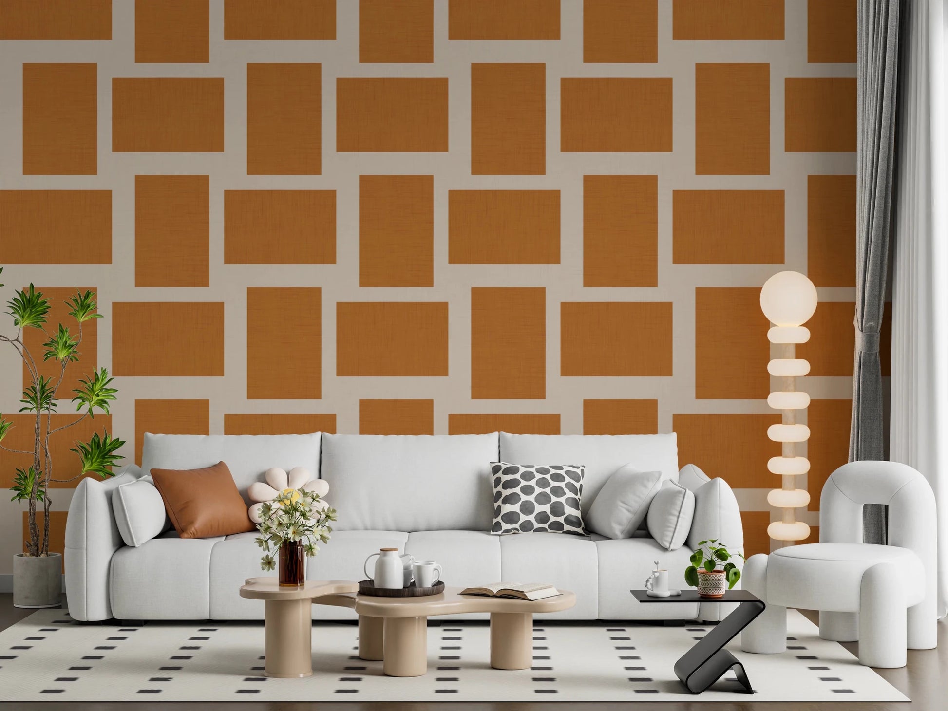 Warm Geometric Wallpaper in terracotta cream with an open modern arrangement
