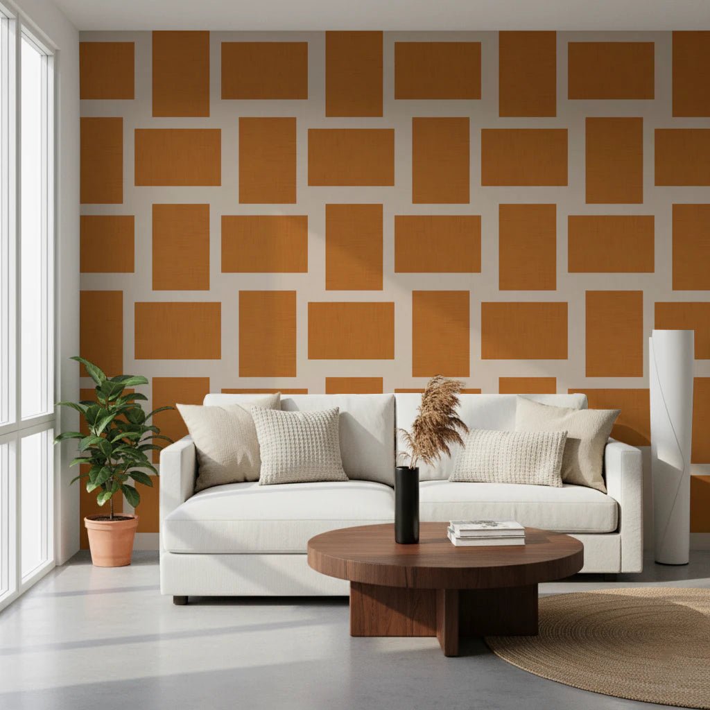 Modern Geometric Color Block wallpaper in a living room with terracotta cream tones