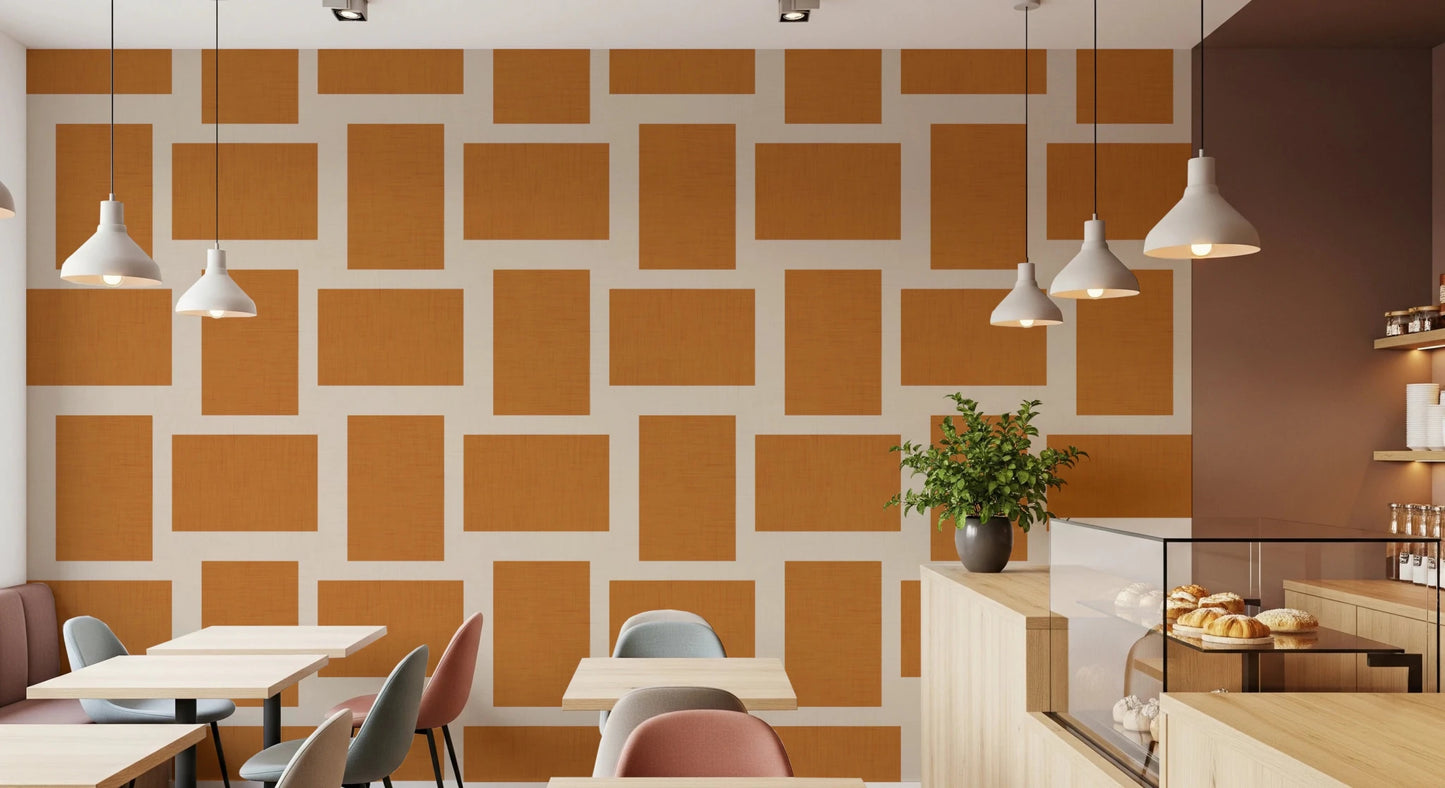 Kitchen Cafe area setup with Modern Geometric Color Block wallpaper in terracotta cream