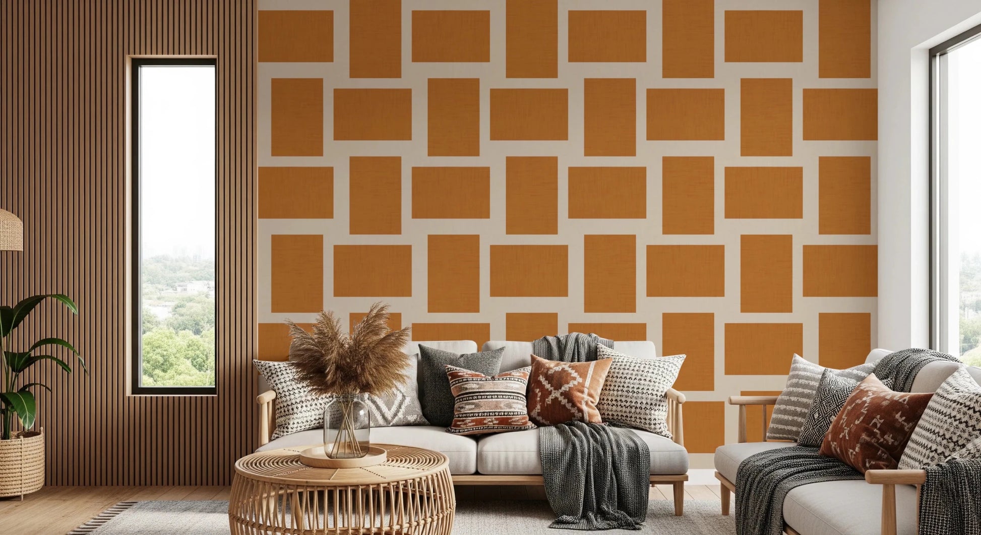 Hallway styled with Modern Geometric Color Block wallpaper in warm earthy shades