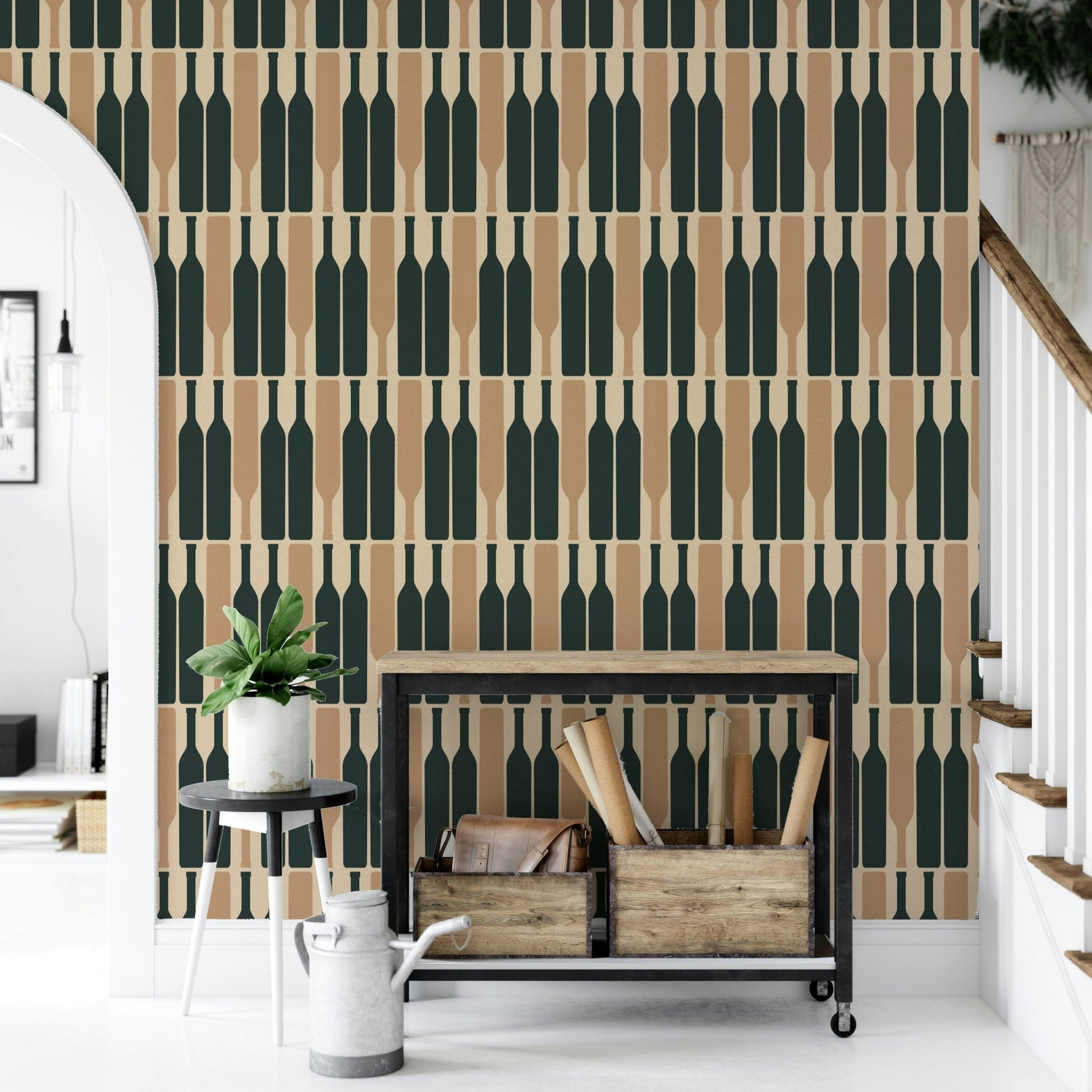 Blue wine cellar wallpaper with bold geometric shapes

