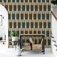 Blue wine cellar wallpaper with bold geometric shapes


